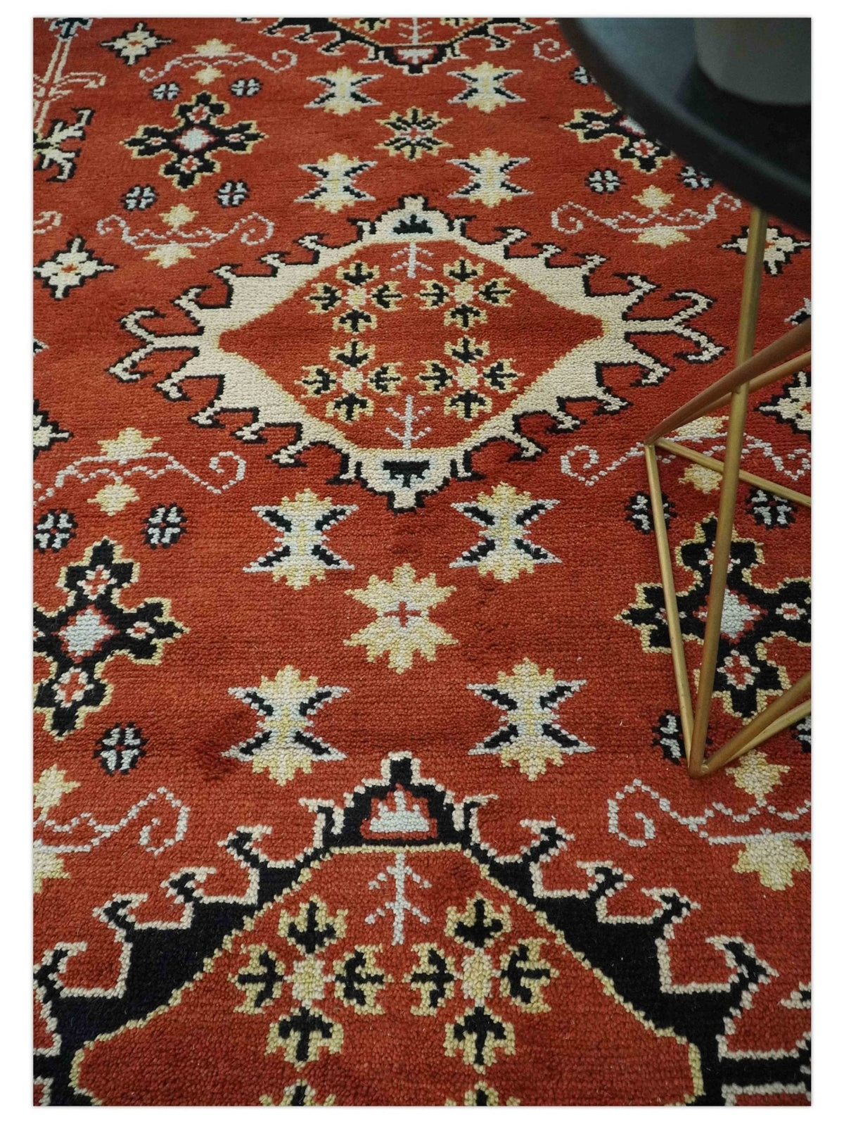 Rust, Black and Beige Traditional Oriental Hand Knotted Custom Made Wool Area Rug.