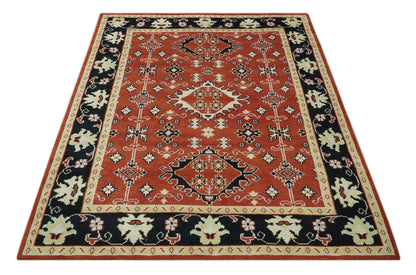 Rust, Black and Beige Traditional Oriental Hand Knotted Custom Made Wool Area Rug.