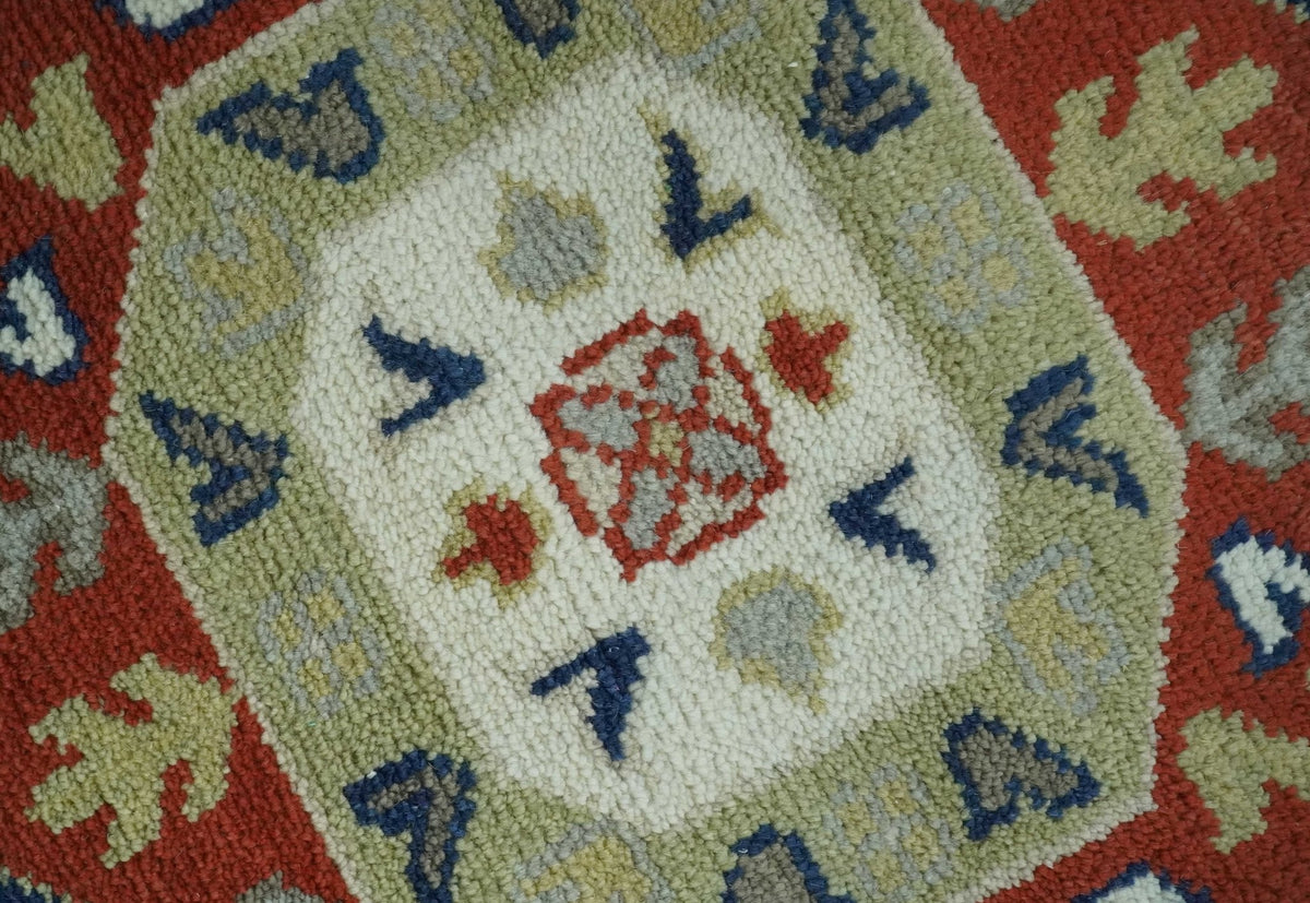 Red, Brown and Olive Traditional Hand knotted Custom Made Wool Area Rug.