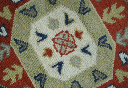 Red, Brown and Olive Traditional Hand knotted Custom Made Wool Area Rug.