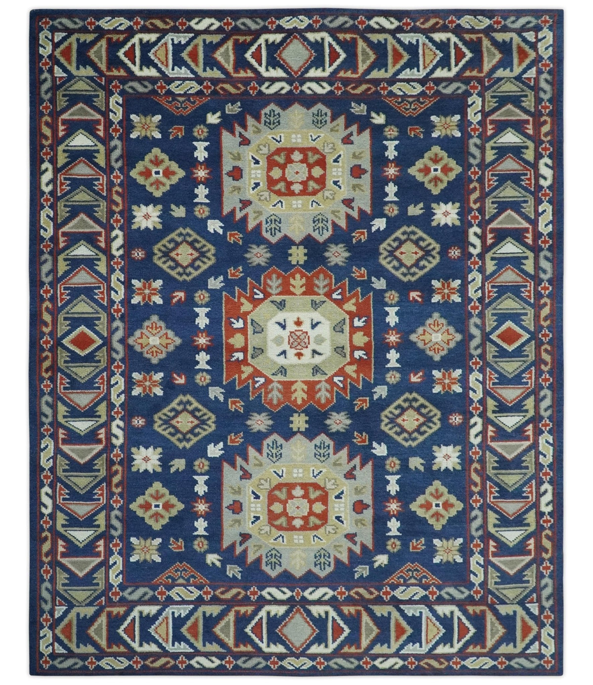 Red, Brown and Olive Traditional Hand knotted Custom Made Wool Area Rug.