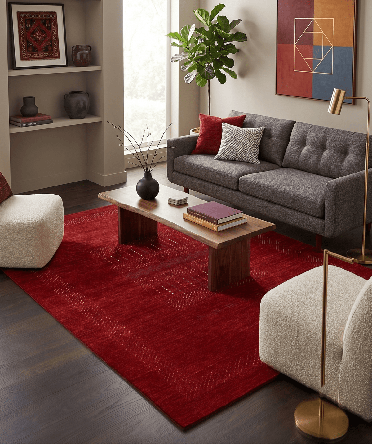 Red Center Pattern Hand Loomed Wool Area Rug.