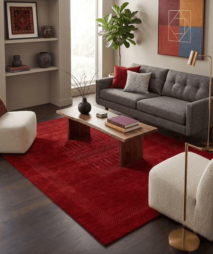 Red Center Pattern Hand Loomed Wool Area Rug.