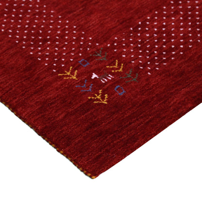 Red Contemporary Border Motifs Hand Loomed Wool Area Rug.