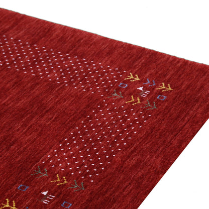 Red Contemporary Border Motifs Hand Loomed Wool Area Rug.