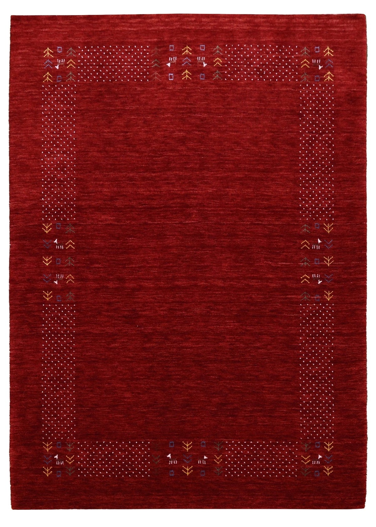 Red Contemporary Border Motifs Hand Loomed Wool Area Rug.