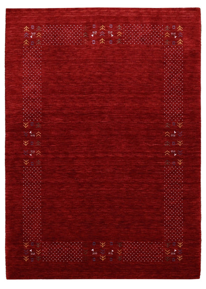 Red Contemporary Border Motifs Hand Loomed Wool Area Rug.