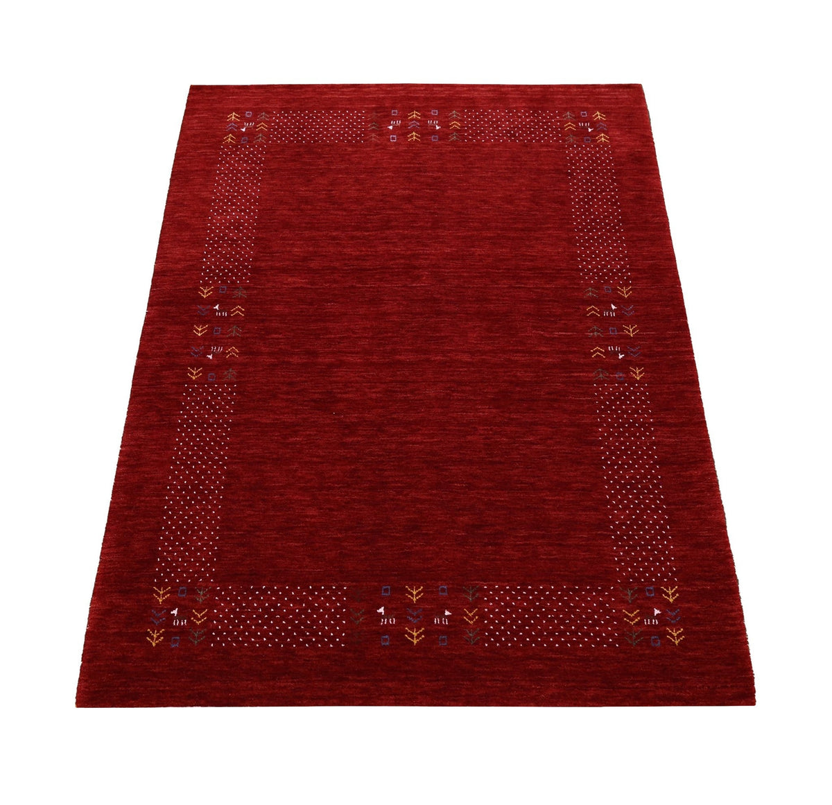 Red Contemporary Border Motifs Hand Loomed Wool Area Rug.