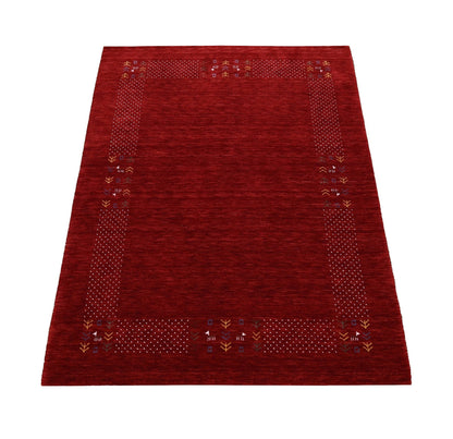 Red Contemporary Border Motifs Hand Loomed Wool Area Rug.
