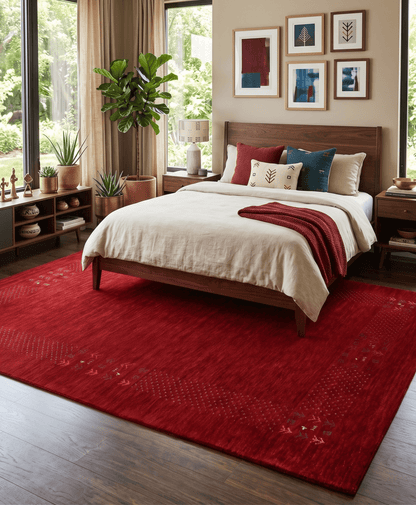 Red Contemporary Border Motifs Hand Loomed Wool Area Rug.