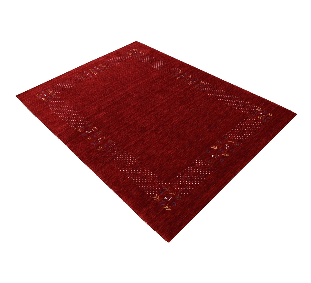 Red Contemporary Border Motifs Hand Loomed Wool Area Rug.