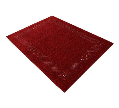 Red Contemporary Border Motifs Hand Loomed Wool Area Rug.