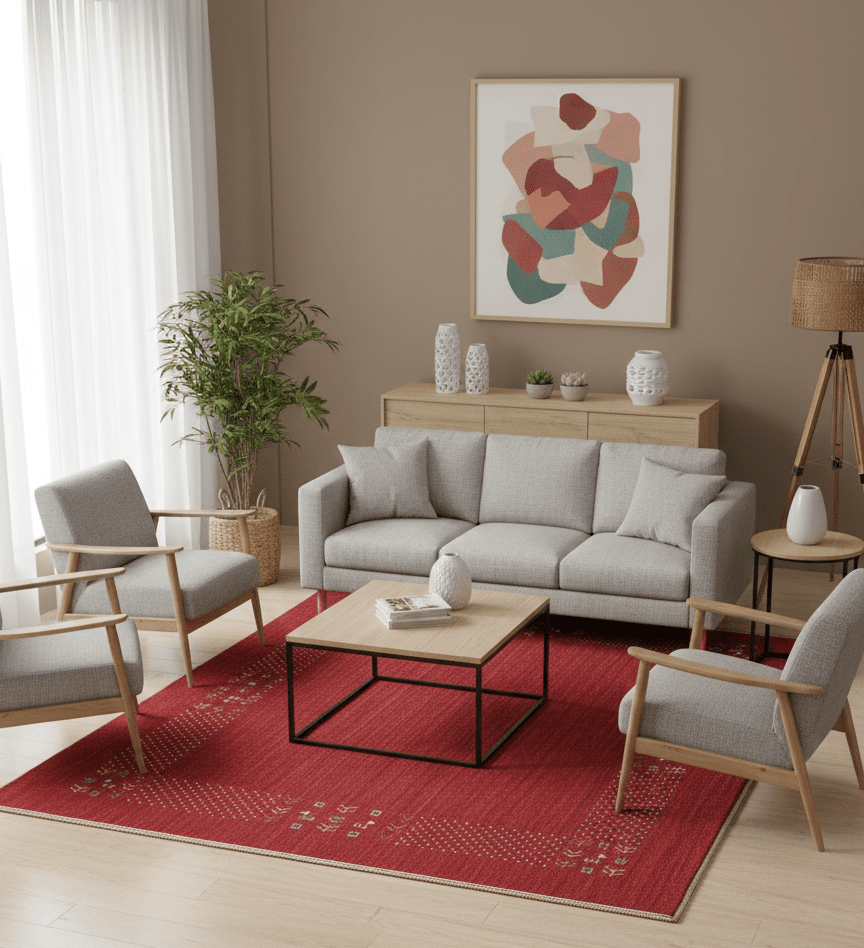 Red Contemporary Border Motifs Hand Loomed Wool Area Rug.