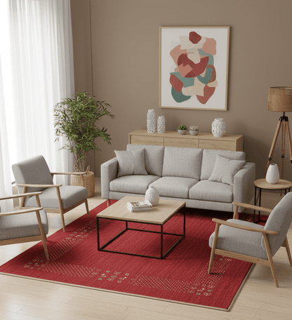 Red Contemporary Border Motifs Hand Loomed Wool Area Rug.
