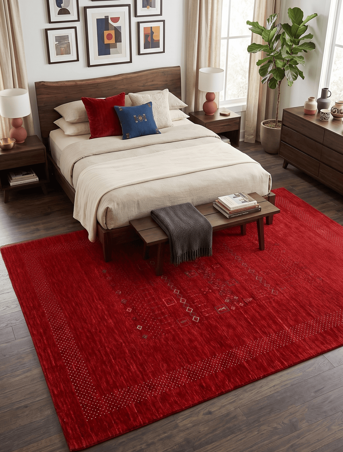 Red Contemporary Center Design Hand Loomed Wool Area Rug.