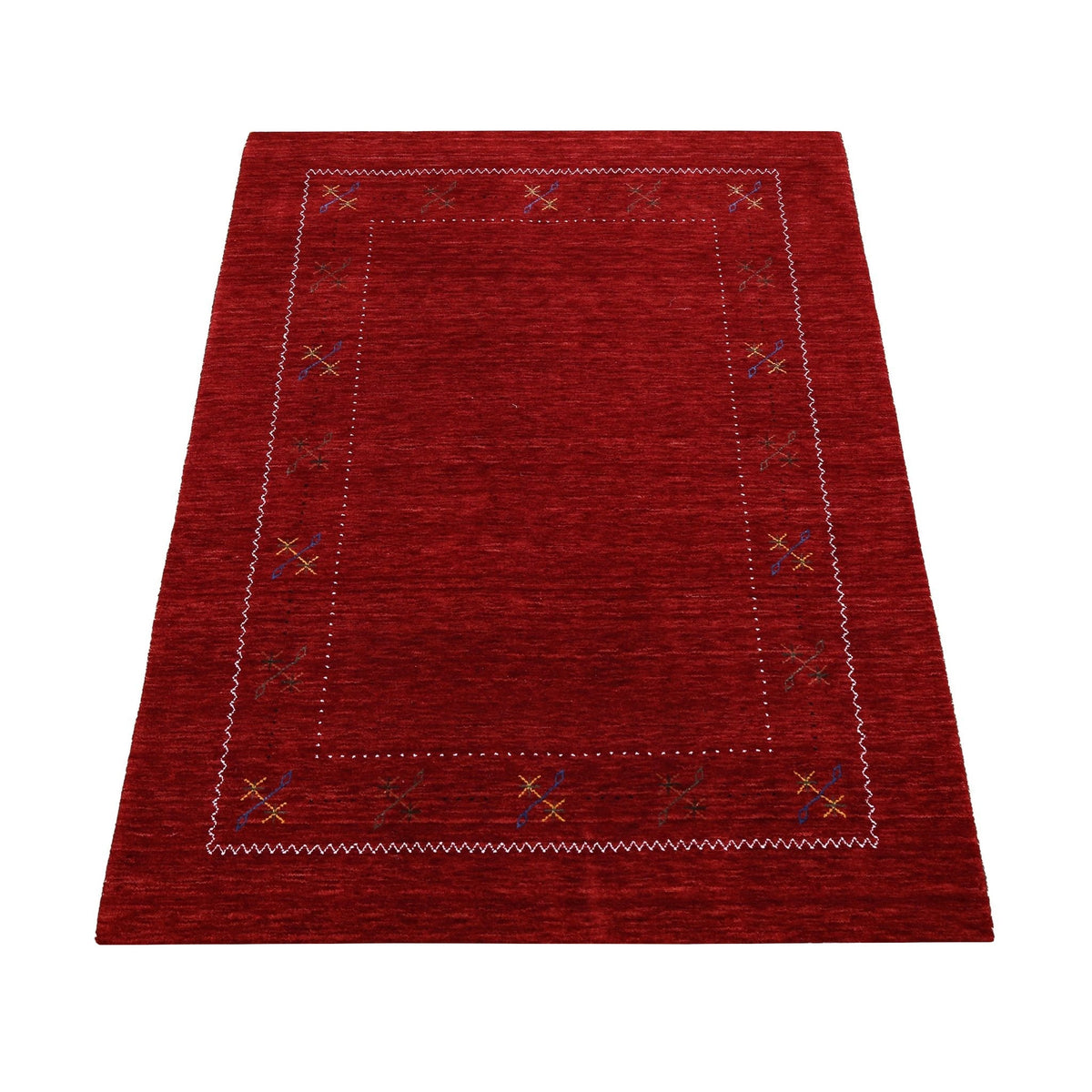 Red Gabbeh Border Design Hand Loomed Wool Area Rug.