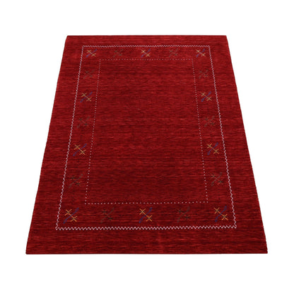 Red Gabbeh Border Design Hand Loomed Wool Area Rug.
