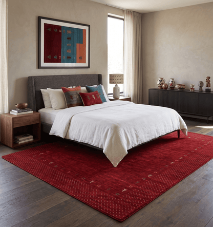 Red Gabbeh Border Design Hand Loomed Wool Area Rug.