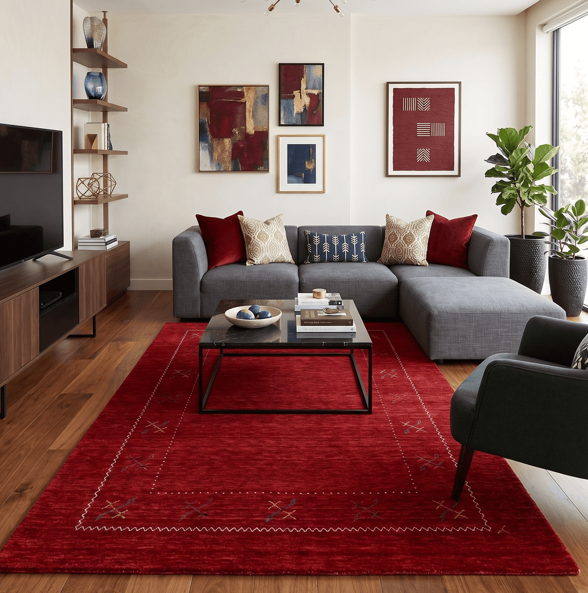 Red Gabbeh Border Design Hand Loomed Wool Area Rug.
