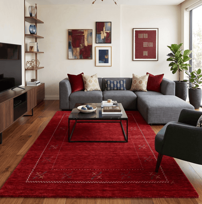 Red Gabbeh Border Design Hand Loomed Wool Area Rug.
