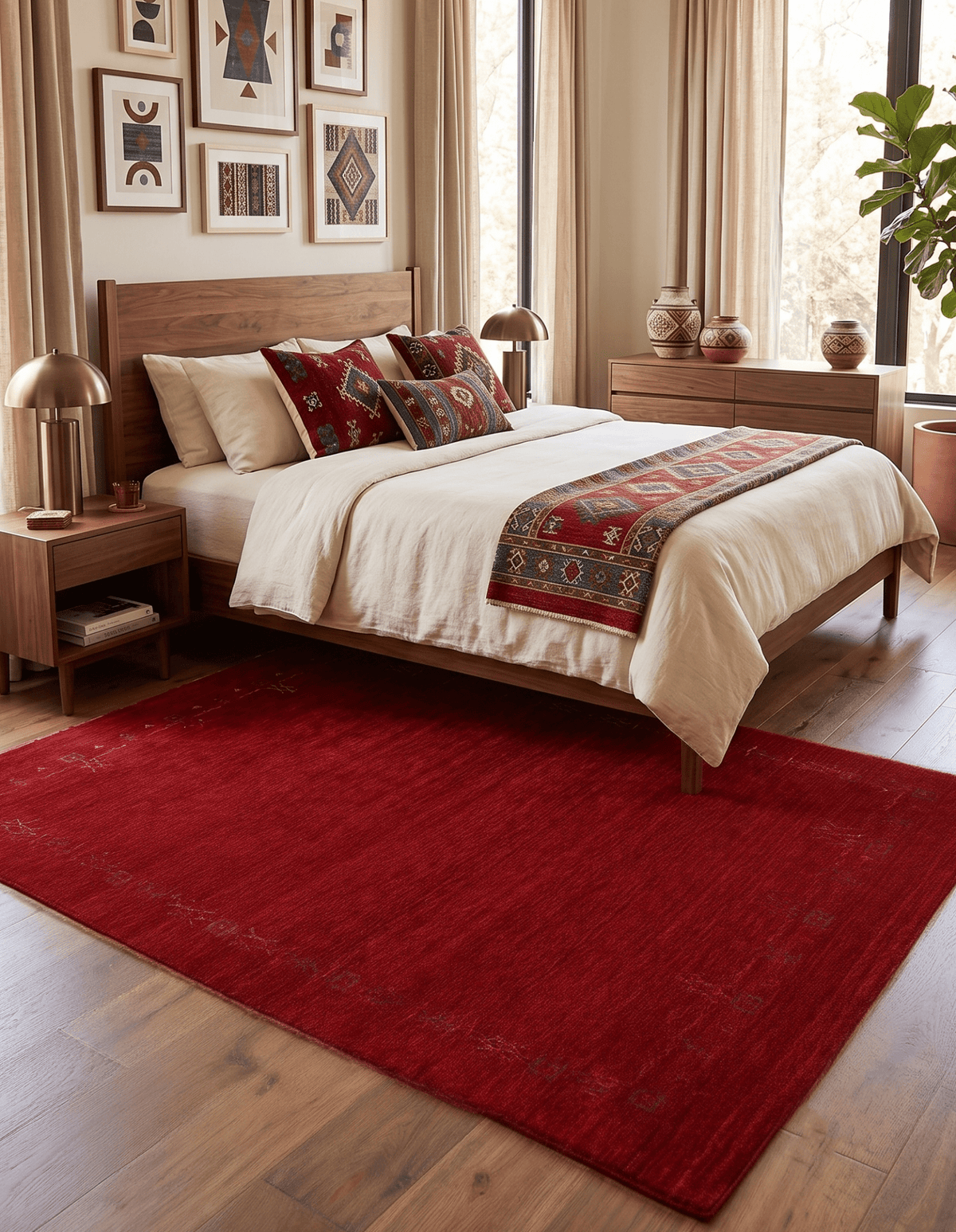 Red Tribal Border Design Hand Loomed Wool Area Rug.