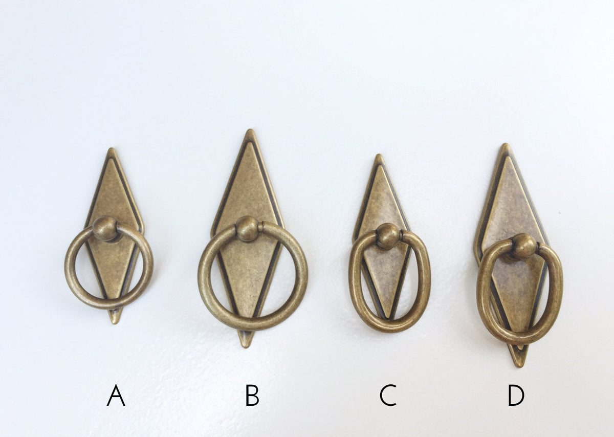 Rhombus "Ella" Antique Bronze Ring Drawer Pulls with Backplate.
