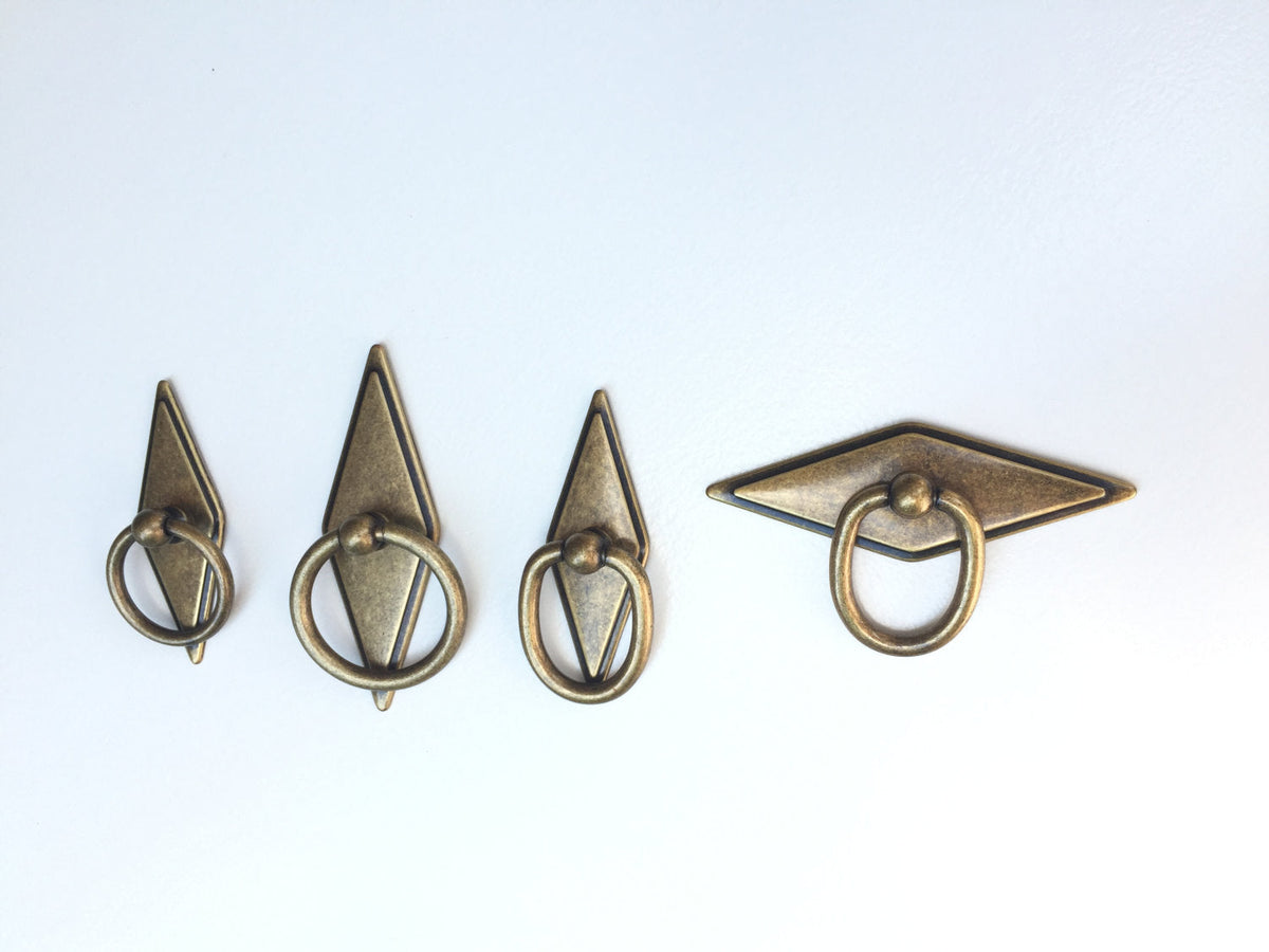 Rhombus "Ella" Antique Bronze Ring Drawer Pulls with Backplate.