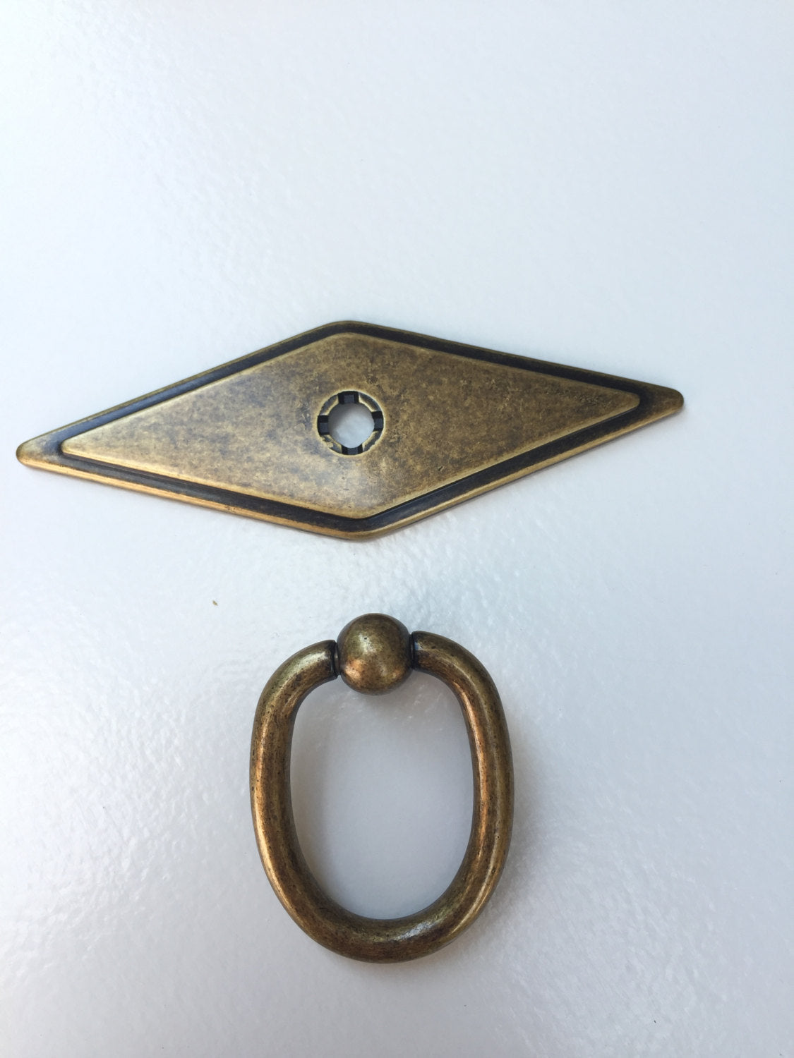 Rhombus "Ella" Antique Bronze Ring Drawer Pulls with Backplate.