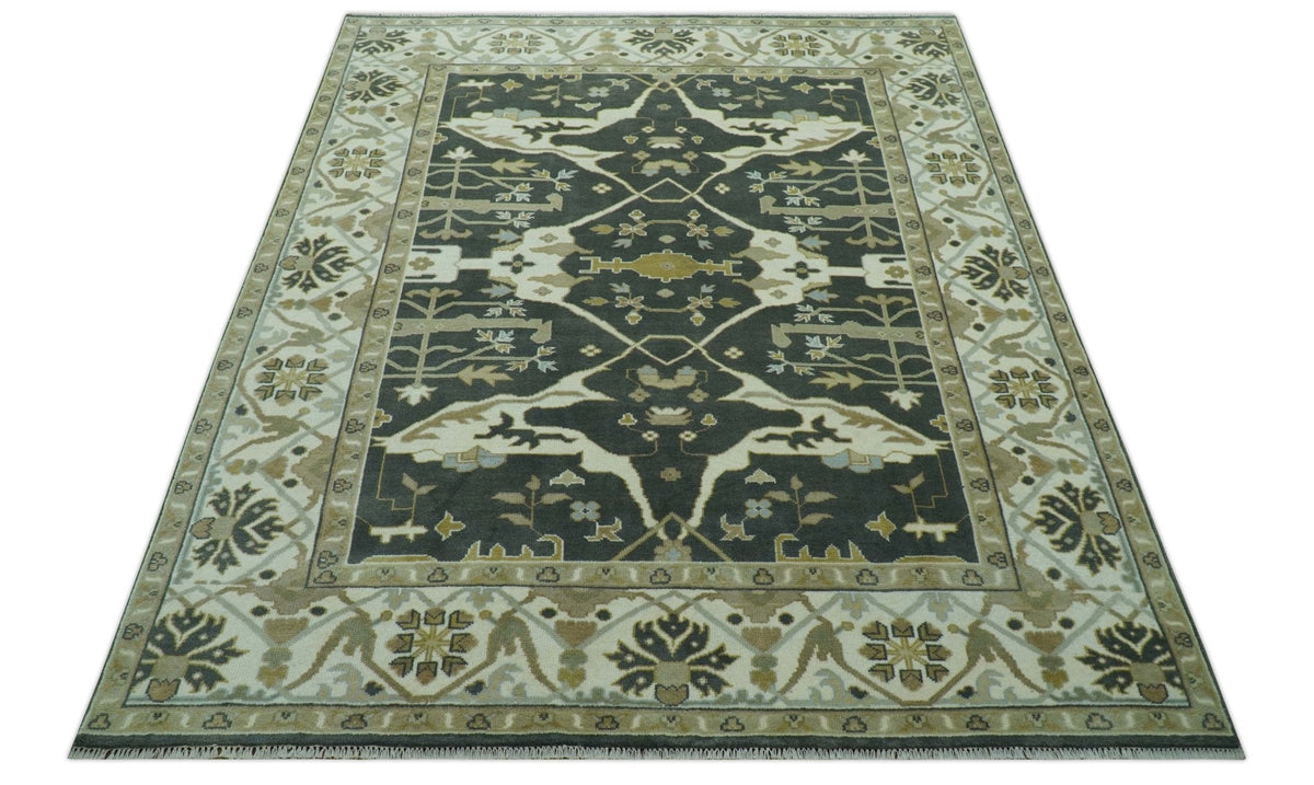 Richmond Custom Made Charcoal and Beige Hand Knotted Oushak wool Area Rug.
