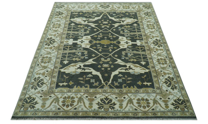 Richmond Custom Made Charcoal and Beige Hand Knotted Oushak wool Area Rug.