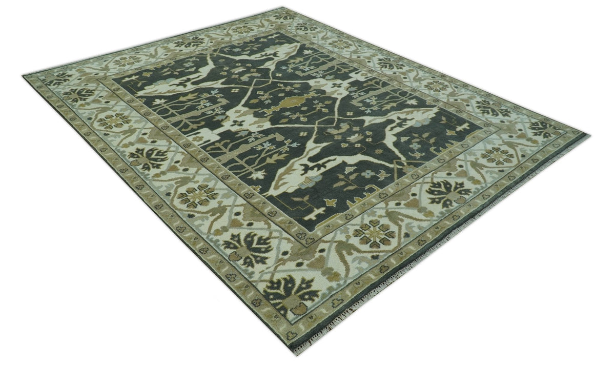 Richmond Custom Made Charcoal and Beige Hand Knotted Oushak wool Area Rug.