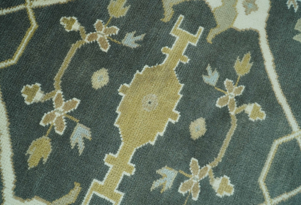 Richmond Custom Made Charcoal and Beige Hand Knotted Oushak wool Area Rug.