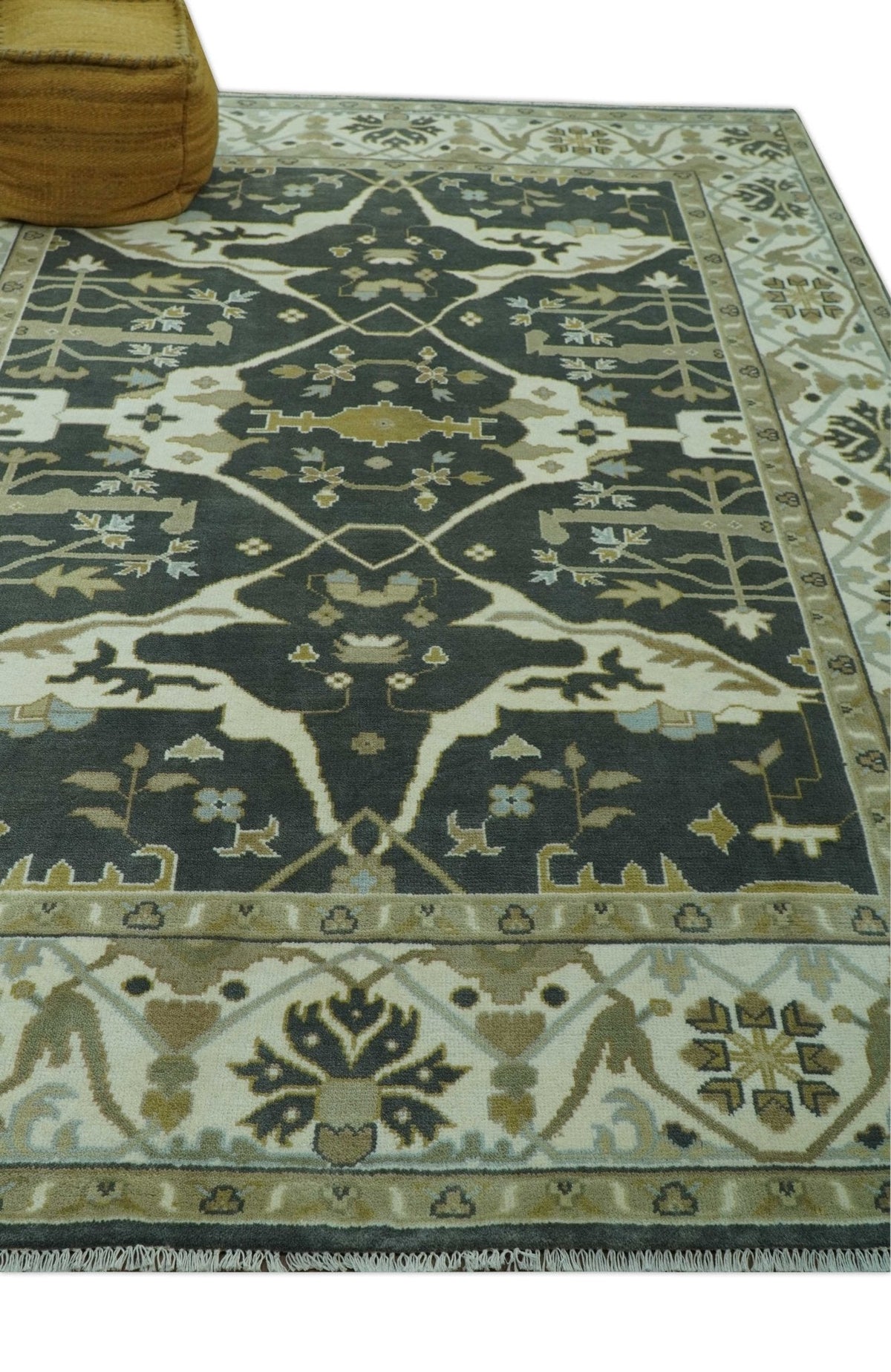 Richmond Custom Made Charcoal and Beige Hand Knotted Oushak wool Area Rug.