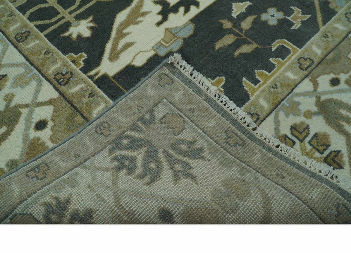 Richmond Custom Made Charcoal and Beige Hand Knotted Oushak wool Area Rug.