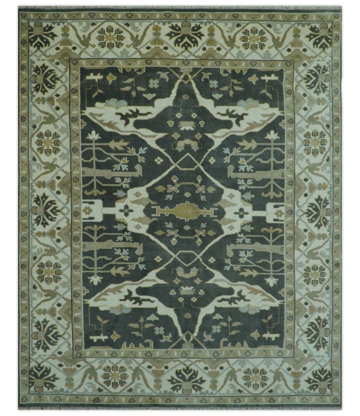 Richmond Custom Made Charcoal and Beige Hand Knotted Oushak wool Area Rug.