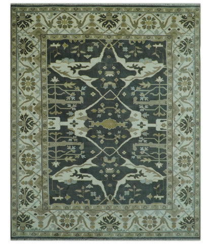 Richmond Custom Made Charcoal and Beige Hand Knotted Oushak wool Area Rug.