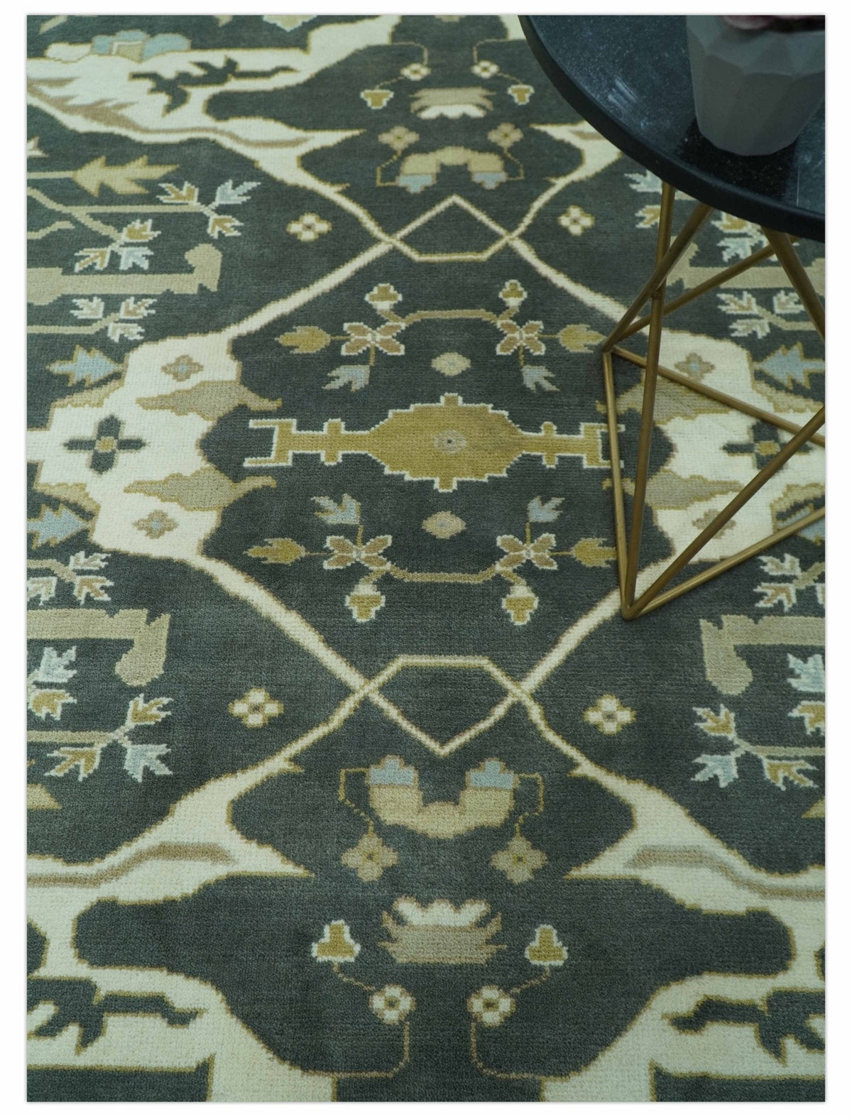 Richmond Custom Made Charcoal and Beige Hand Knotted Oushak wool Area Rug.