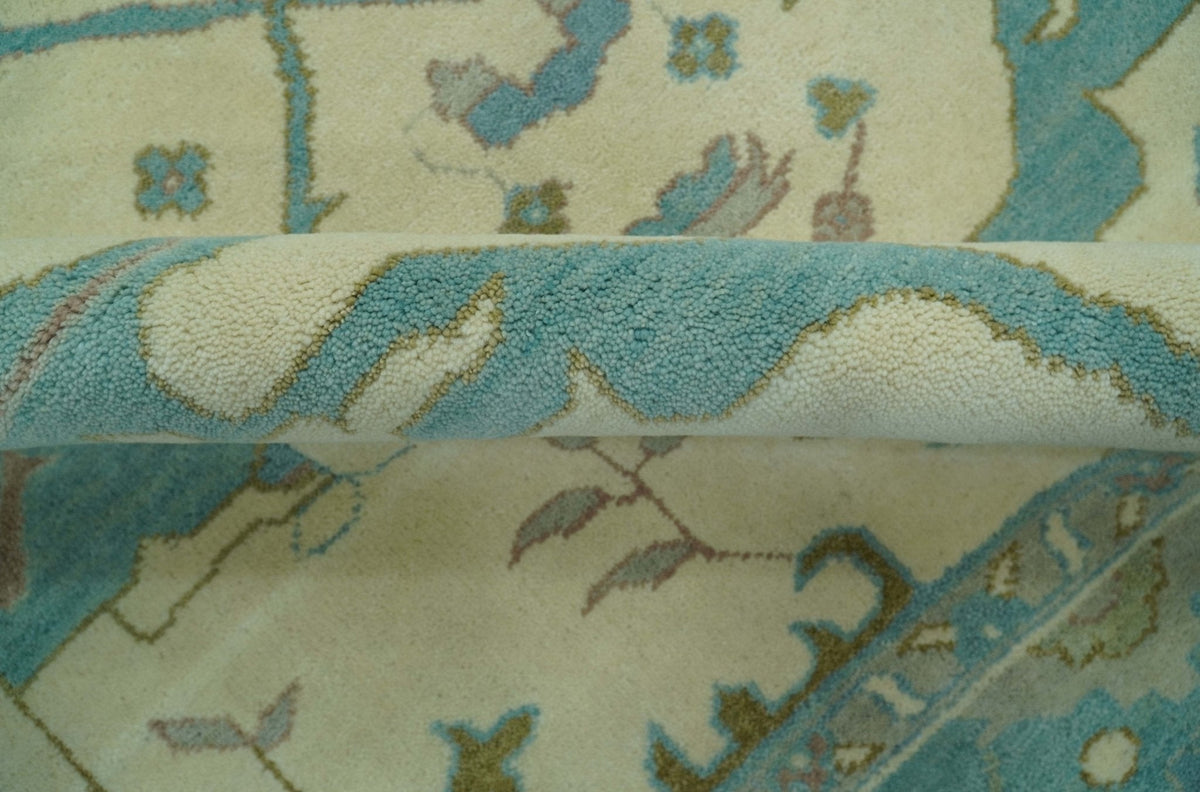 Richmond Custom Made Ivory and Teal Hand Knotted Oushak Wool Rug.