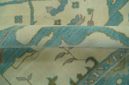 Richmond Custom Made Ivory and Teal Hand Knotted Oushak Wool Rug.