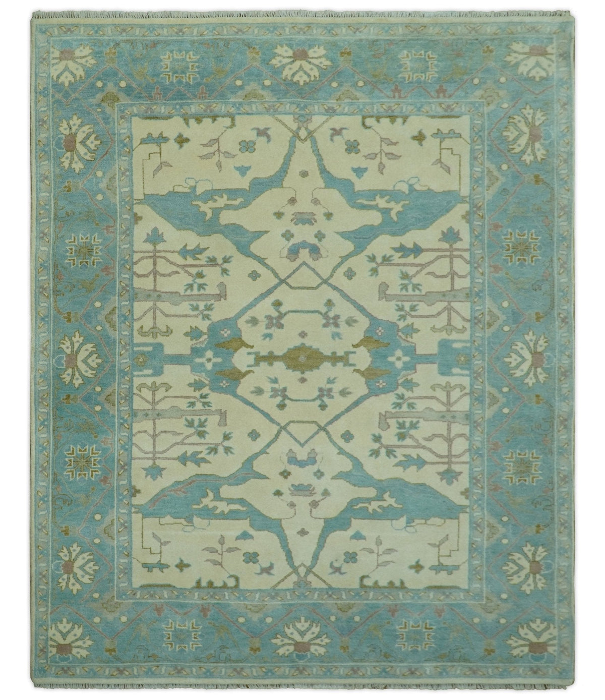 Richmond Custom Made Ivory and Teal Hand Knotted Oushak Wool Rug.