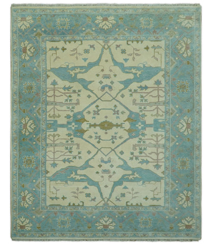 Richmond Custom Made Ivory and Teal Hand Knotted Oushak Wool Rug.