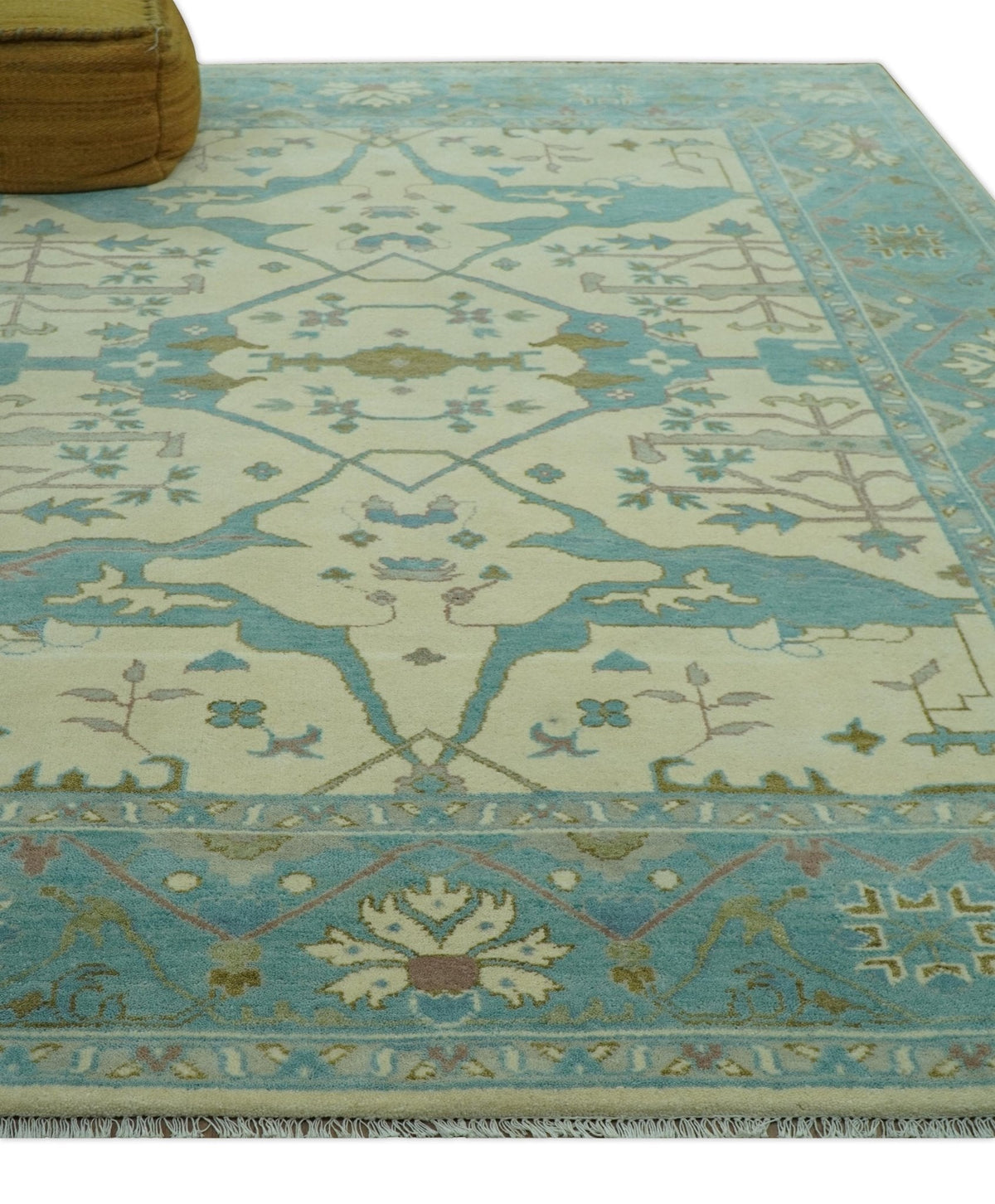 Richmond Custom Made Ivory and Teal Hand Knotted Oushak Wool Rug.