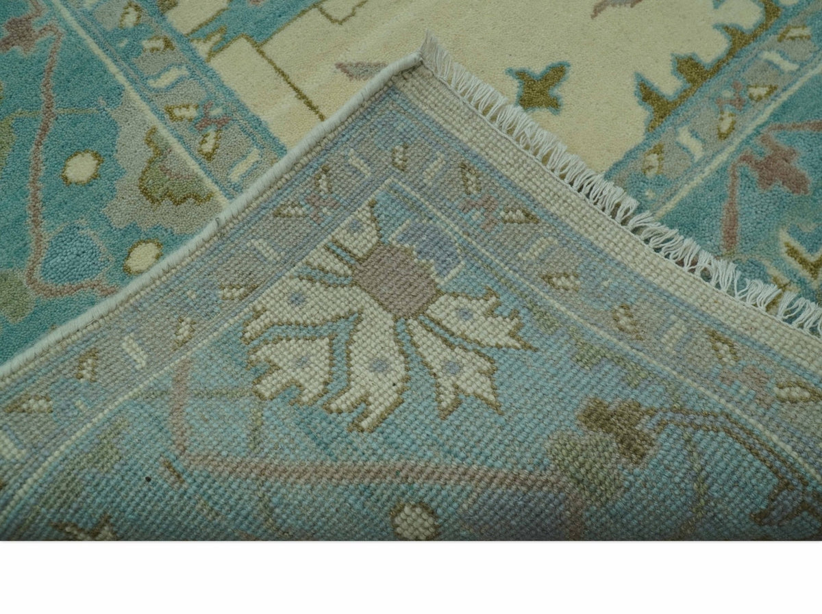Richmond Custom Made Ivory and Teal Hand Knotted Oushak Wool Rug.