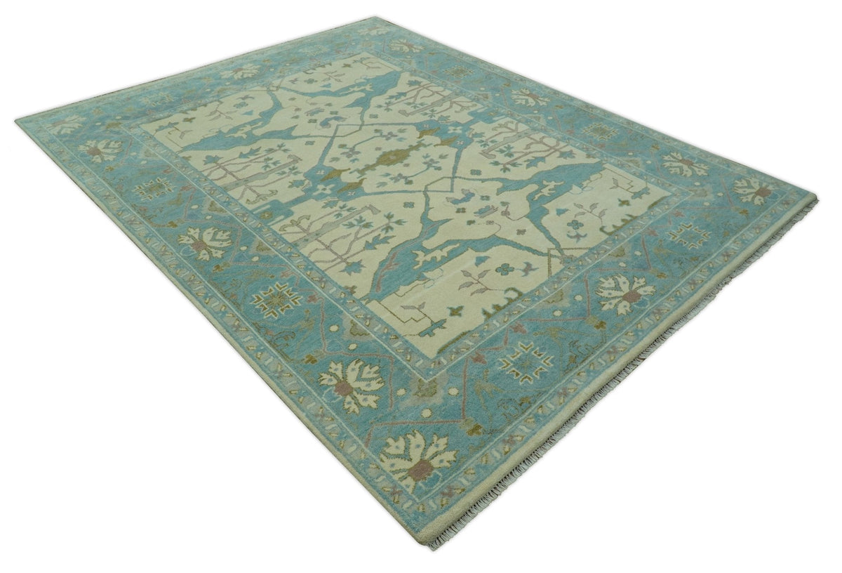 Richmond Custom Made Ivory and Teal Hand Knotted Oushak Wool Rug.