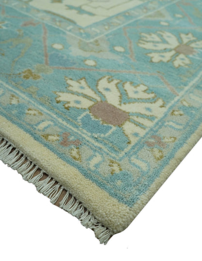 Richmond Custom Made Ivory and Teal Hand Knotted Oushak Wool Rug.