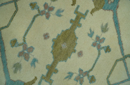 Richmond Custom Made Ivory and Teal Hand Knotted Oushak Wool Rug.