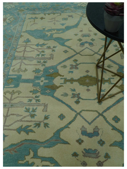 Richmond Custom Made Ivory and Teal Hand Knotted Oushak Wool Rug.