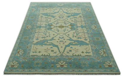 Richmond Custom Made Ivory and Teal Hand Knotted Oushak Wool Rug.