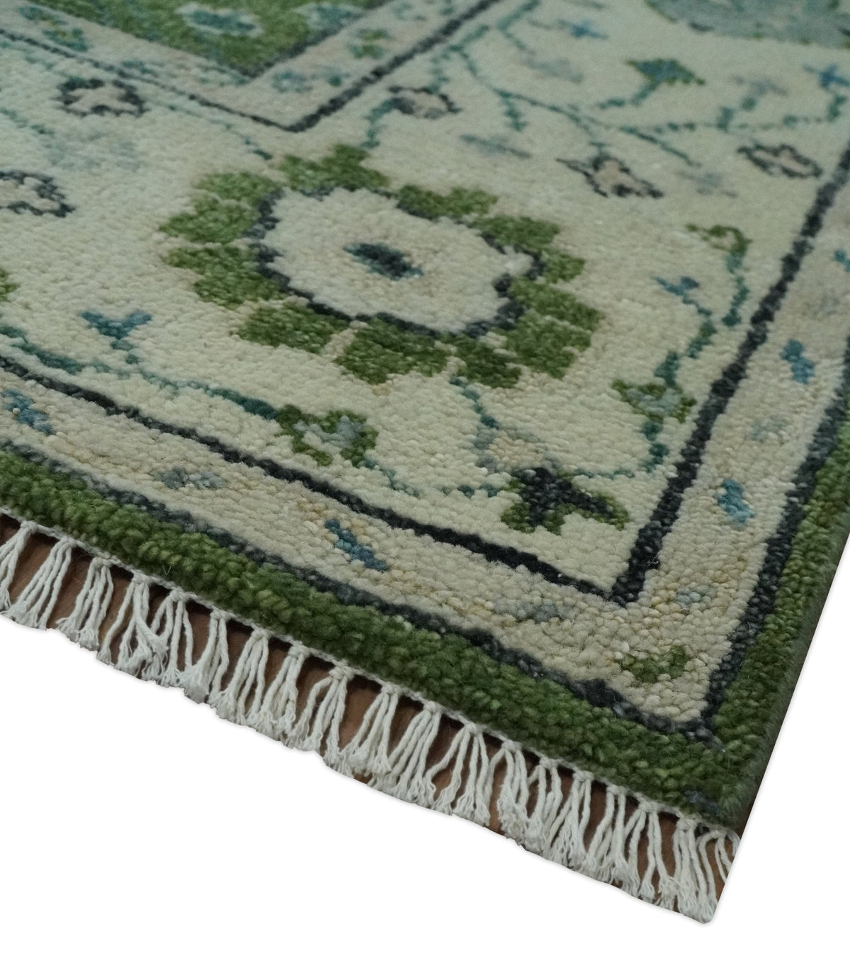 Royal Green and Ivory Custom Made Hand knotted Traditional Oushak wool Area Rug.