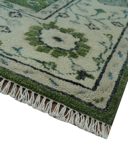 Royal Green and Ivory Custom Made Hand knotted Traditional Oushak wool Area Rug.